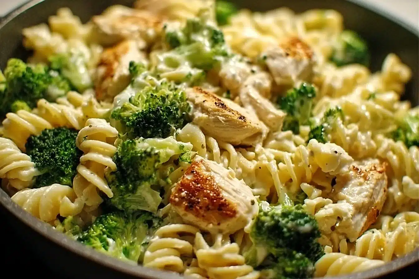 Creamy rotisserie chicken pasta with broccoli in a bowl, ready to serve.