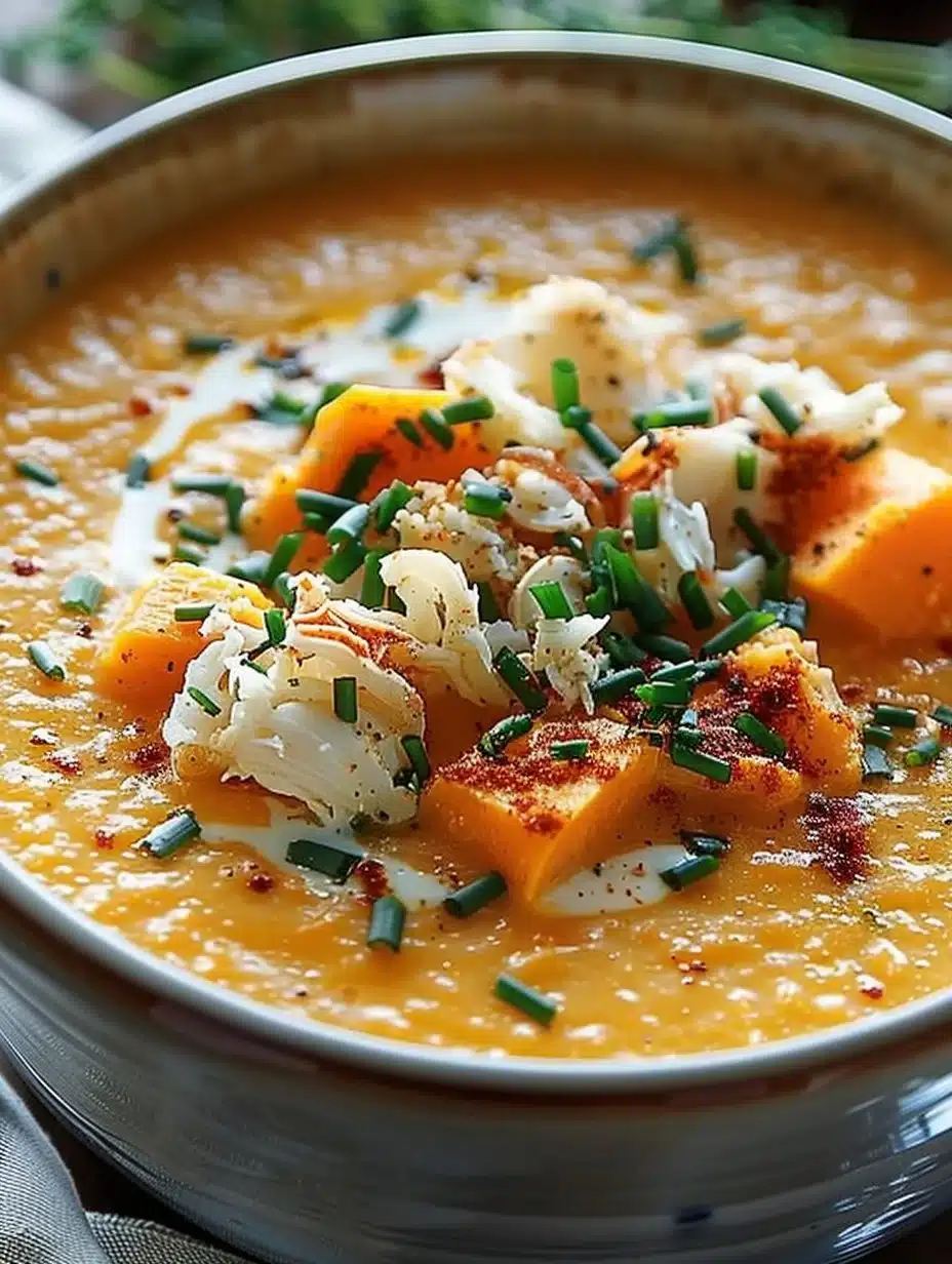 Creamy sweet potato crab soup served in a bowl with herbs.