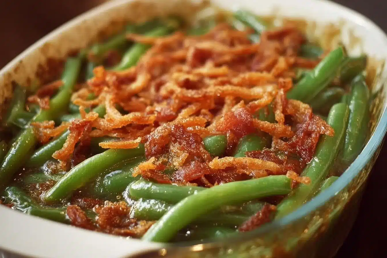 Crispy Crack Green Bean Casserole topped with crunchy onions and creamy sauce