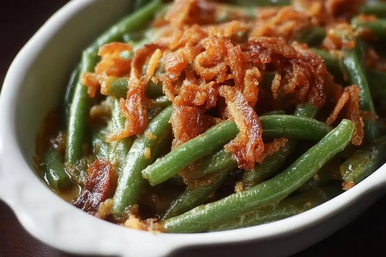 Crispy 'Crack' Green Bean Casserole topped with crunchy onions for Thanksgiving