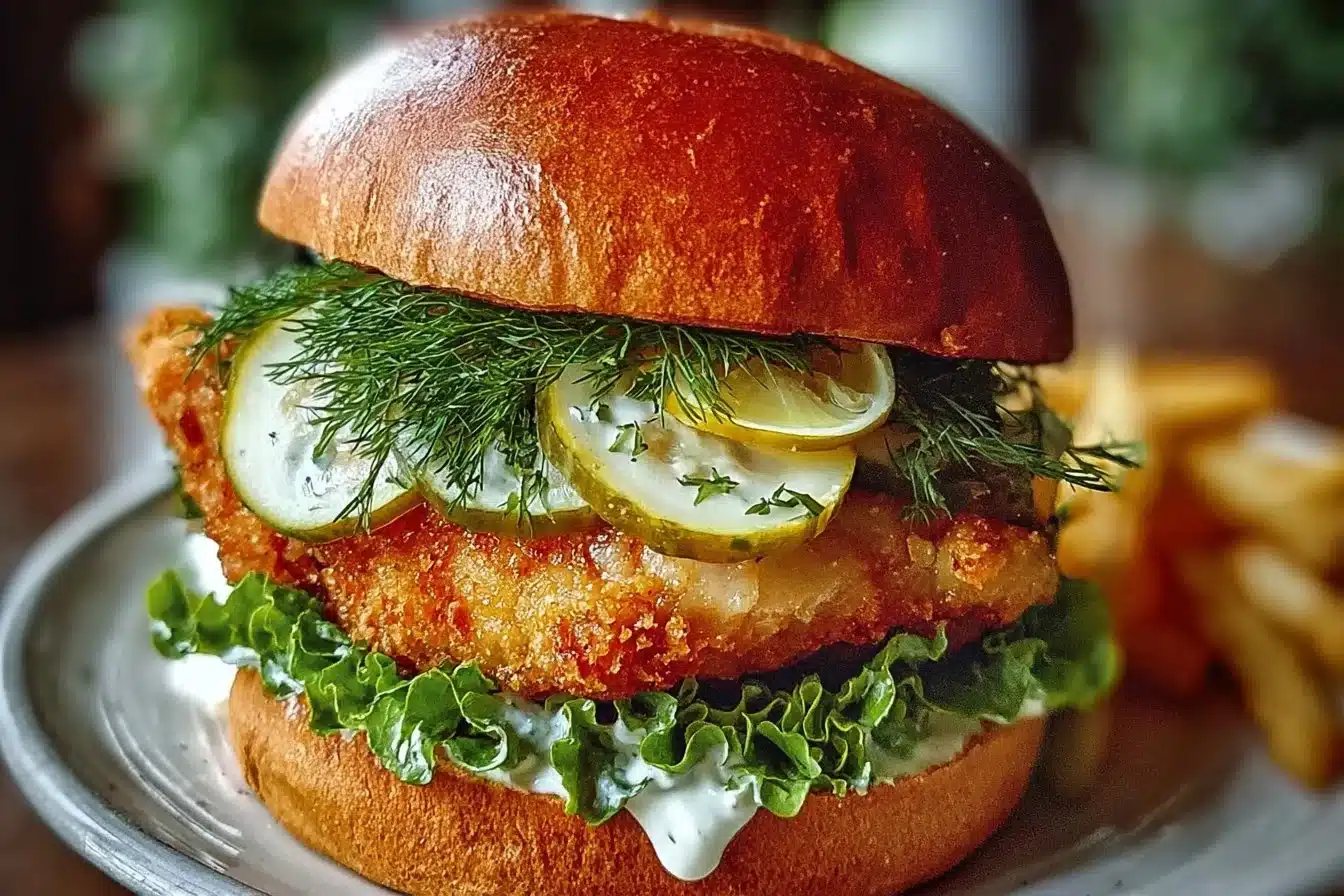 Crispy dill chicken sandwich with fresh lettuce and pickles on a toasted bun
