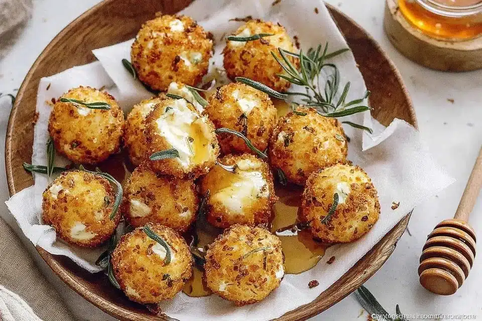 The Simple Joy of Crispy Goat Cheese Balls with Honey 3 Crispy goat cheese balls served with honey drizzle on a plate