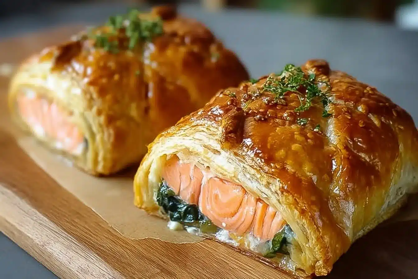 Crispy salmon wellingtons on a plate, garnished with herbs.