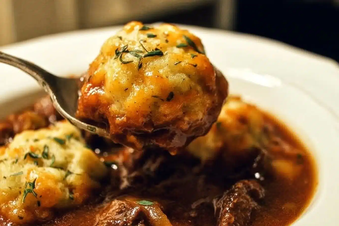 A delicious bowl of Crockpot beef stew and dumplings garnished with herbs