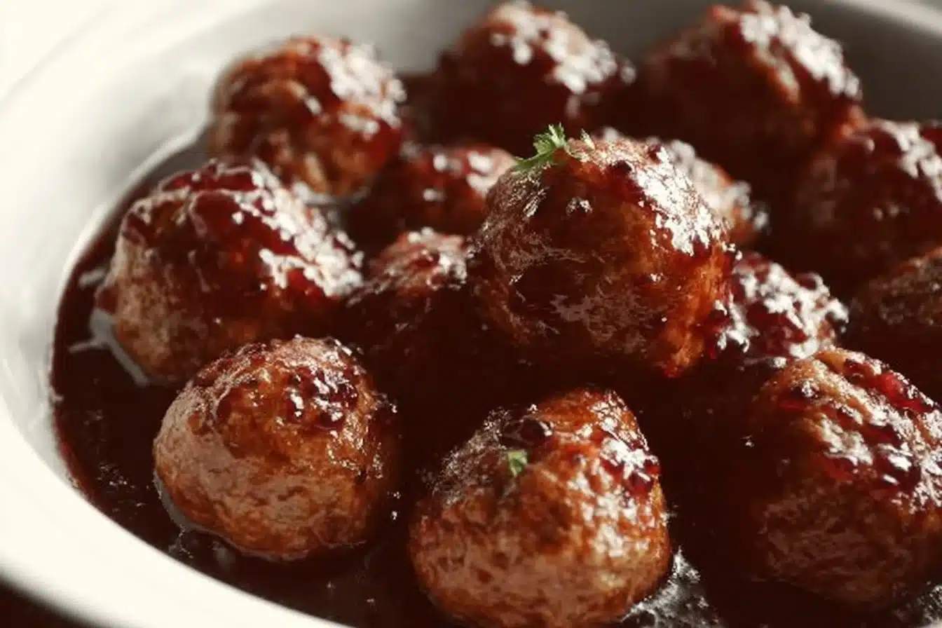Crockpot Meatballs with Grape Jelly 3 Crockpot meatballs with grape jelly served in a bowl