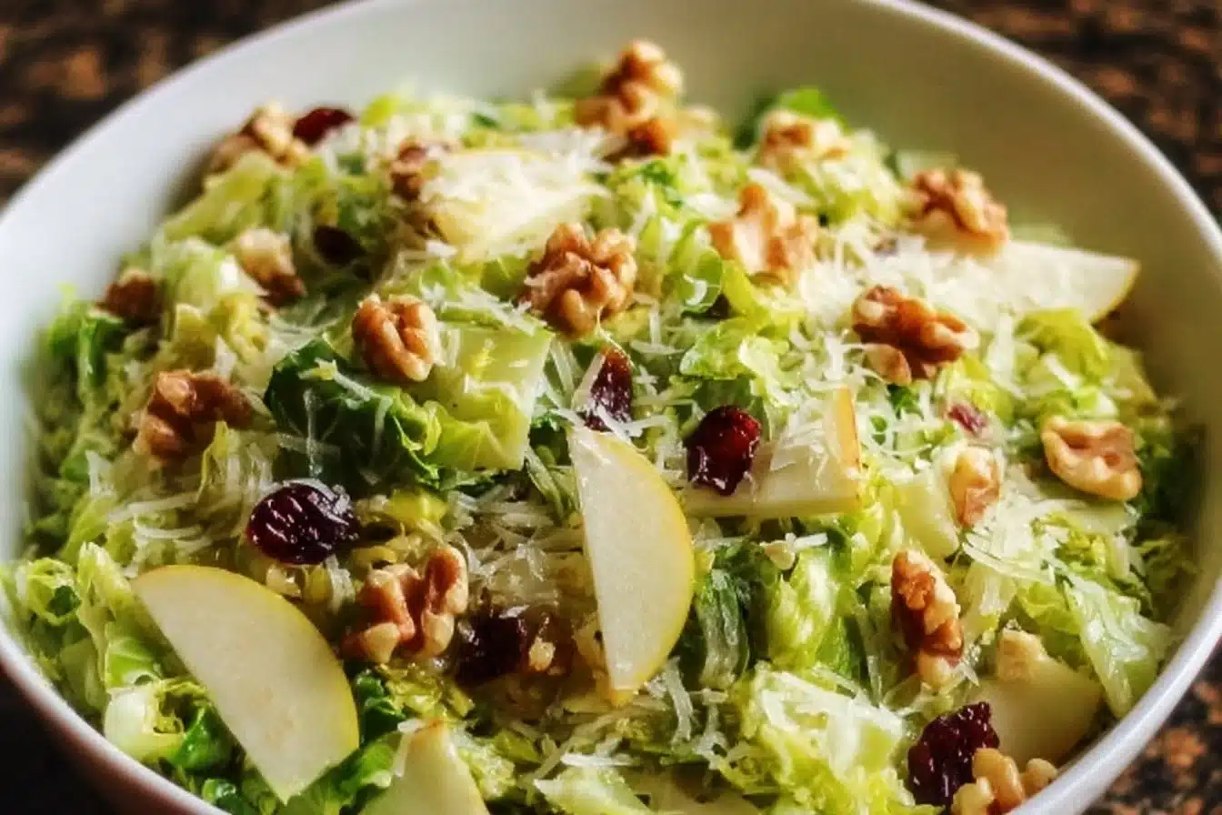Crunchy Brussels sprouts salad with apples and walnuts in a bowl