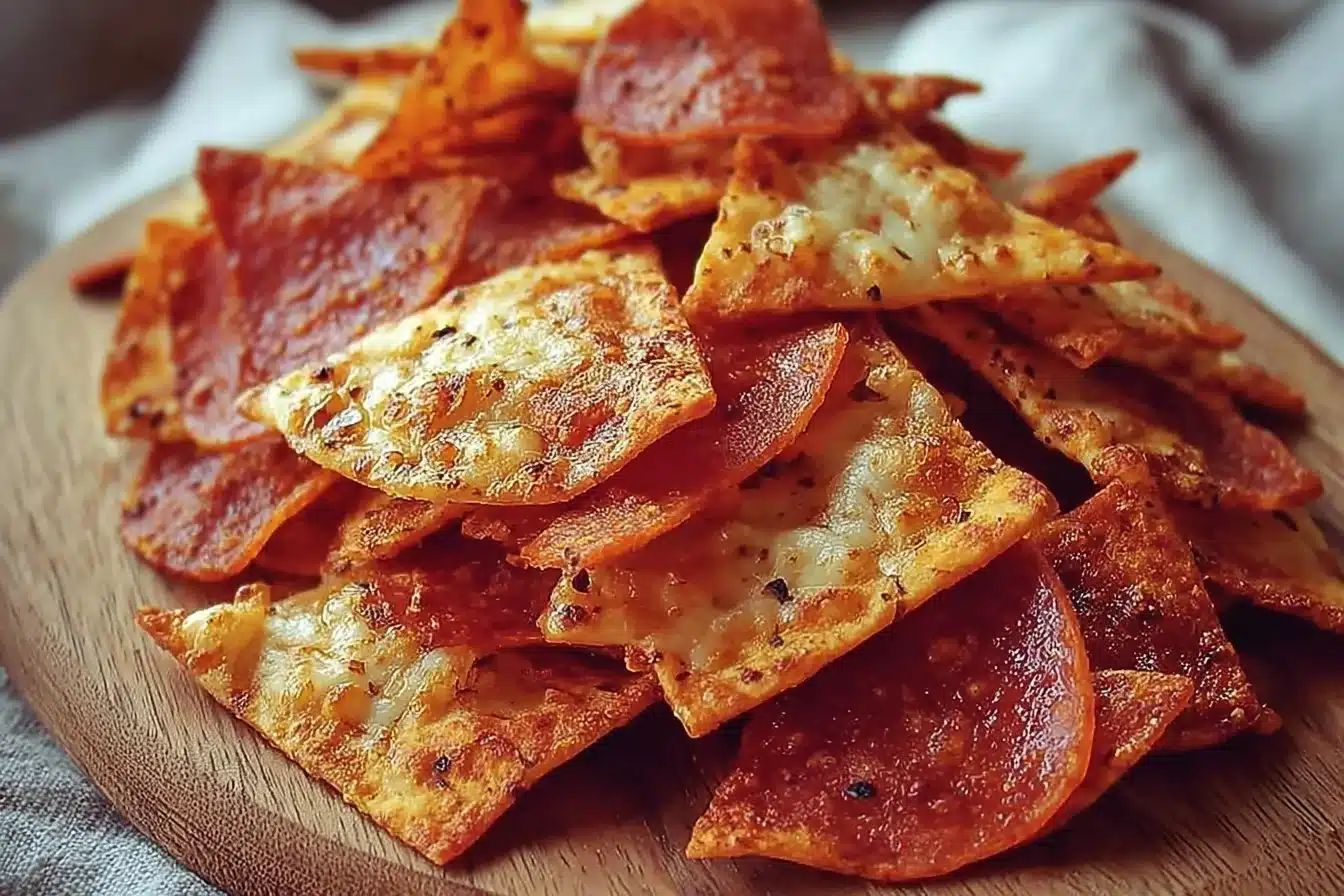 A plate of crunchy homemade pizza chips with melted cheese and herbs