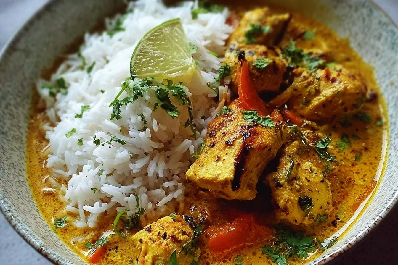 Curried Coconut Chicken & Rice 3 Delicious curried coconut chicken served with rice, vibrant and flavorful dish.