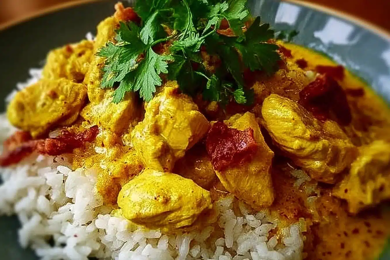 Curried Coconut Chicken & Rice 3 Curried coconut chicken served with rice, garnished with herbs and spices.