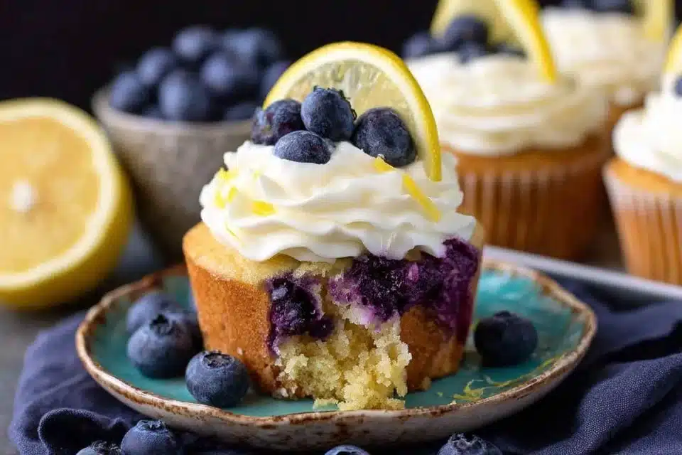 Delicious blueberry lemon cupcakes decorated with fresh blueberries and lemon zest.