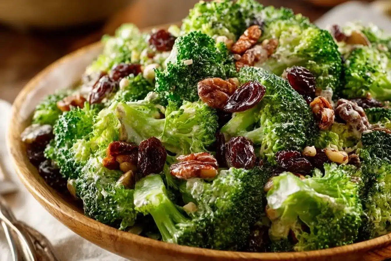 Delicious broccoli raisin salad with nuts and raisins in a bowl