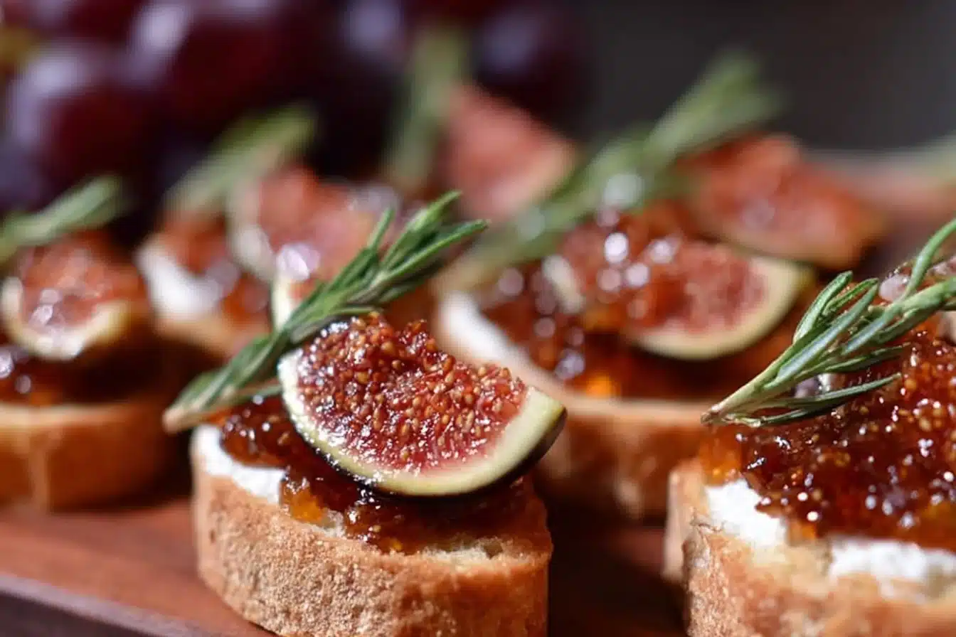 Delicious Fig Jam Appetizers 3 A platter of delicious fig jam appetizers served with cheese and crackers.