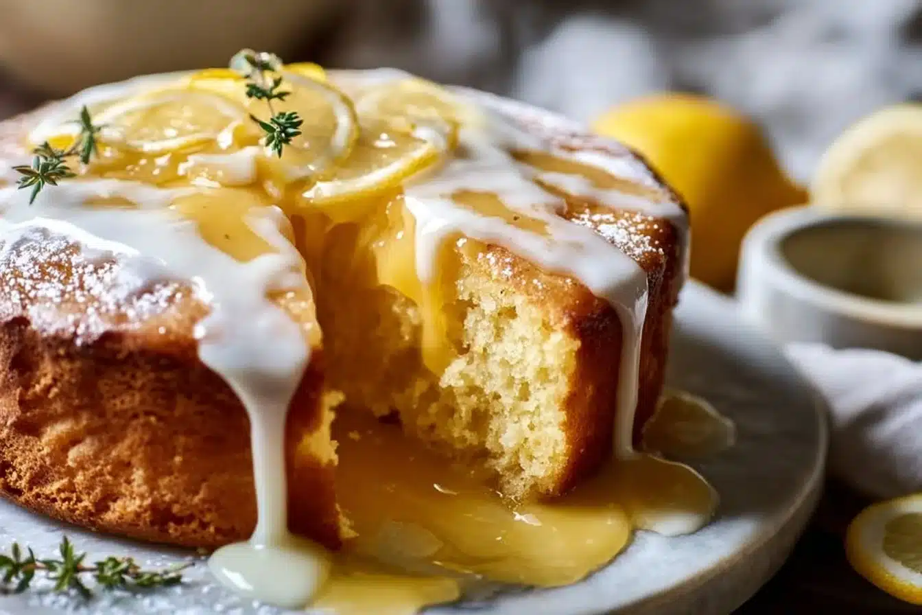 Delicious Lemon Curd Cake 2 Delicious lemon curd cake topped with fresh fruit and a dusting of powdered sugar