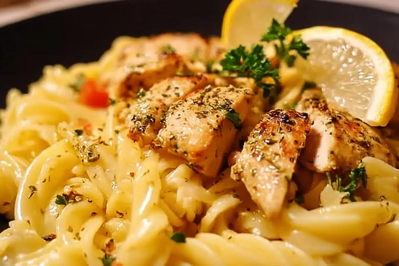 Plate of delicious lemon pepper chicken pasta garnished with herbs.