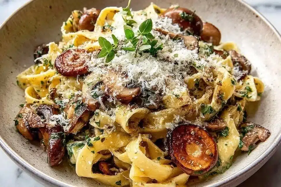 Delicious bowl of mushroom pasta topped with parsley and parmesan cheese
