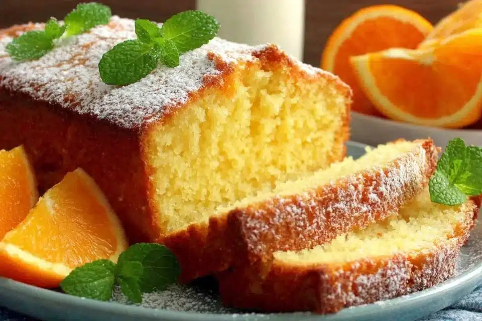 A freshly baked delicious orange loaf on a wooden cutting board.
