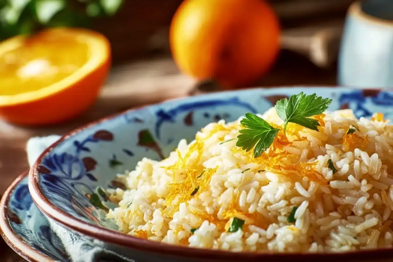 Bowl of delicious orange rice garnished with herbs and spices