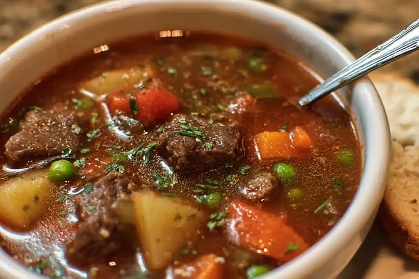 Bowl of delicious vegetable beef soup with fresh vegetables and tender beef.
