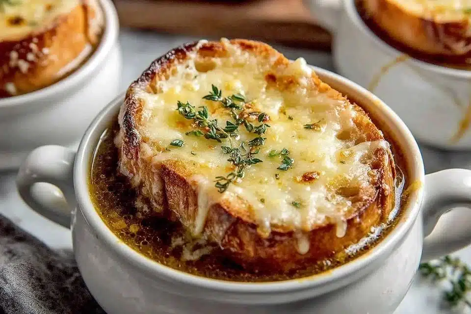 Bowl of delicious vegetarian French onion soup topped with melted cheese