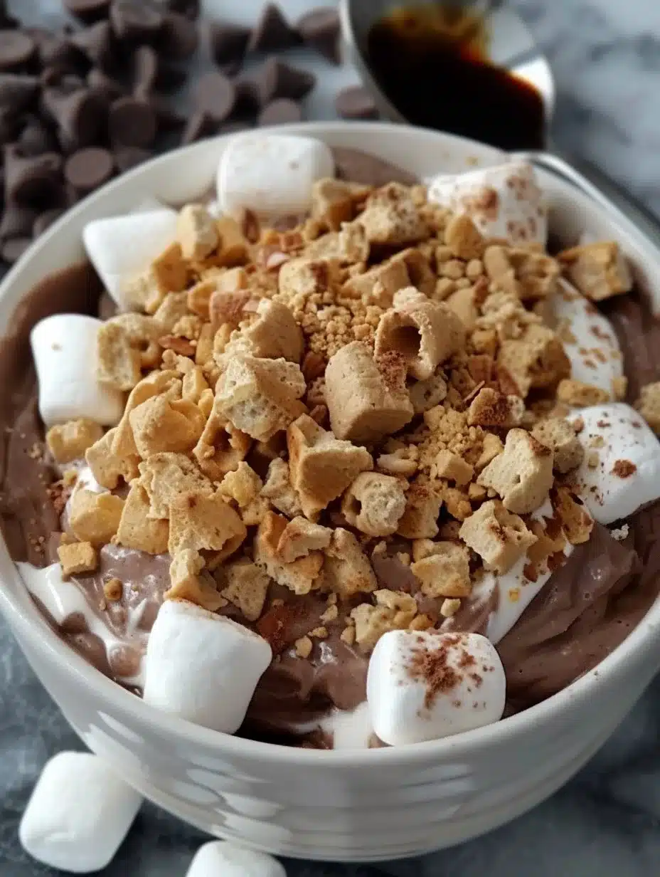 Delicious Double Chocolate Protein S'mores Bowl topped with marshmallows and chocolate.