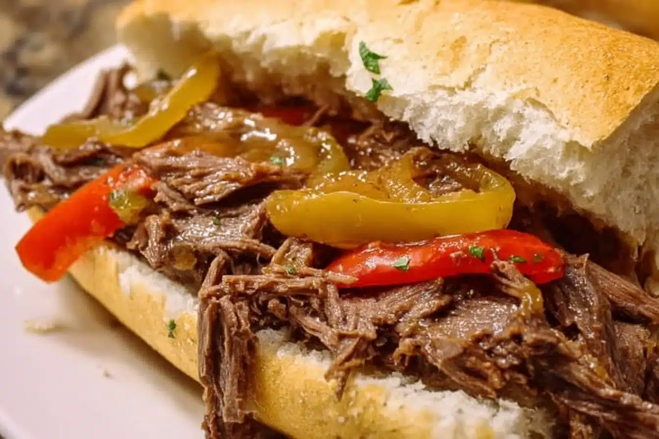 Delicious and tender Easy Crock Pot Italian Beef served on a bun