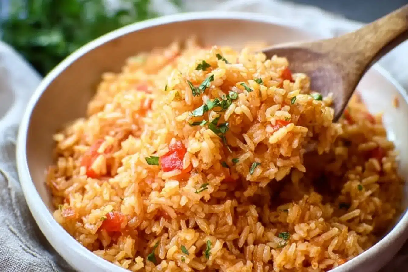 A bowl of easy Crockpot Spanish rice garnished with fresh herbs.