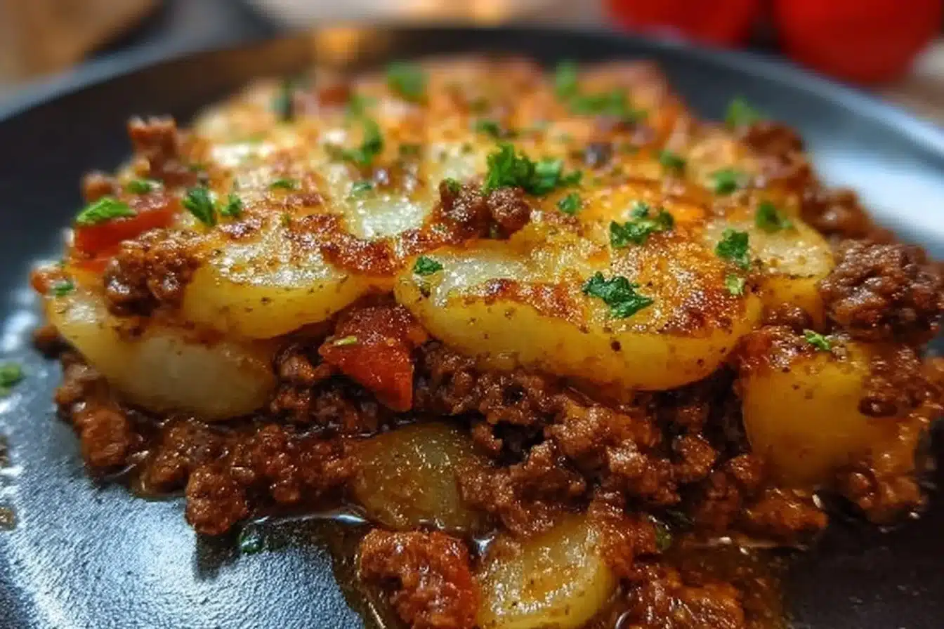 Delicious easy ground beef potato dish served on a plate