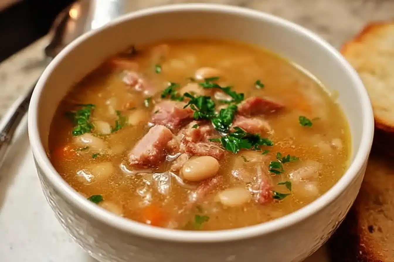 Bowl of easy ham-bone bean soup garnished with herbs