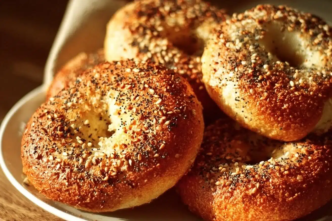Easy New York Bagel 3 Freshly made easy New York bagels topped with sesame seeds.
