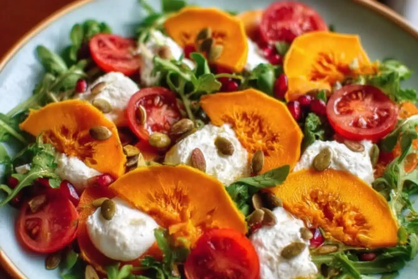 Easy persimmon burrata salad topped with fresh greens and a drizzle of balsamic.