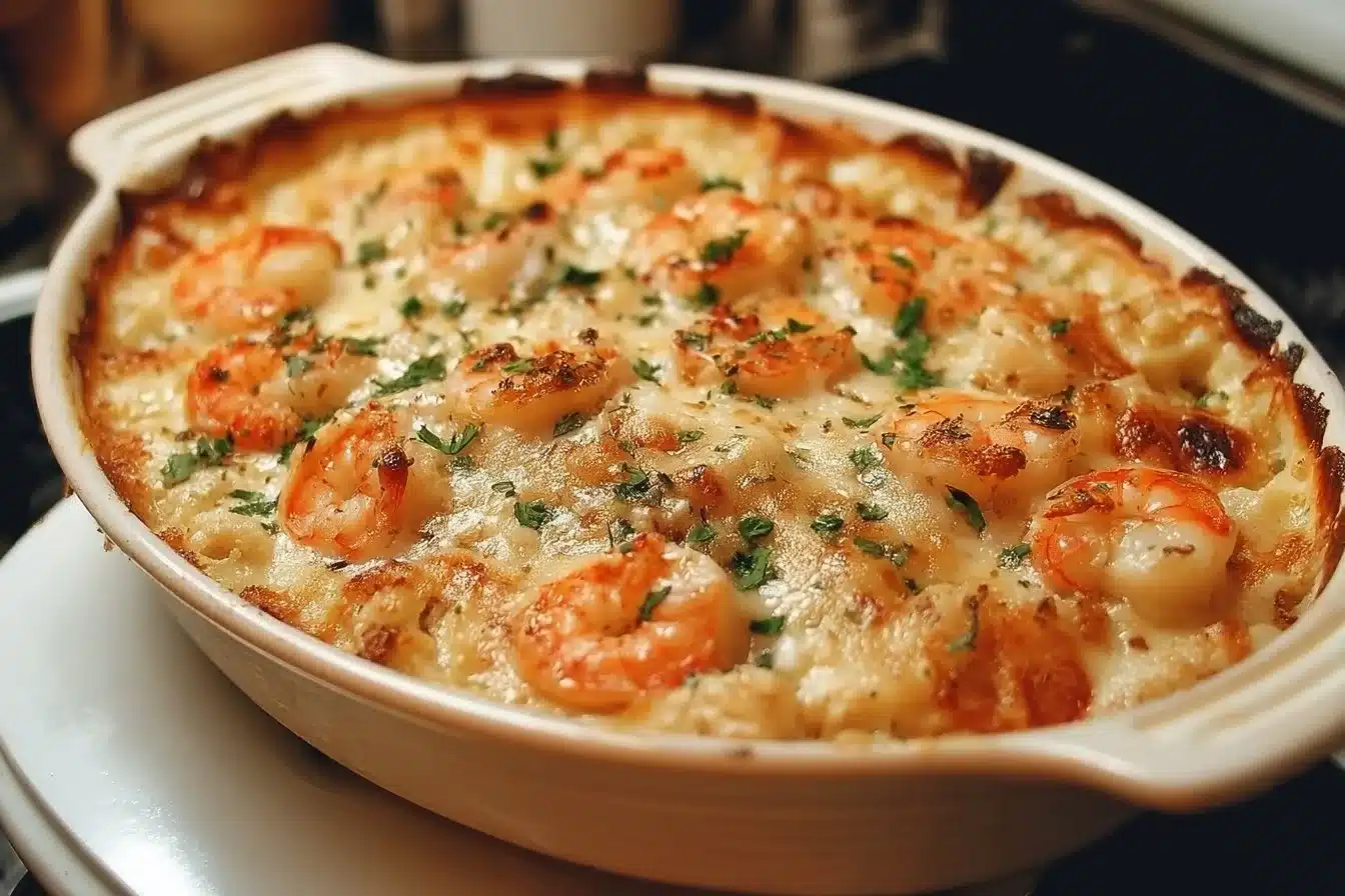 Delicious easy seafood casserole topped with breadcrumbs and cheese