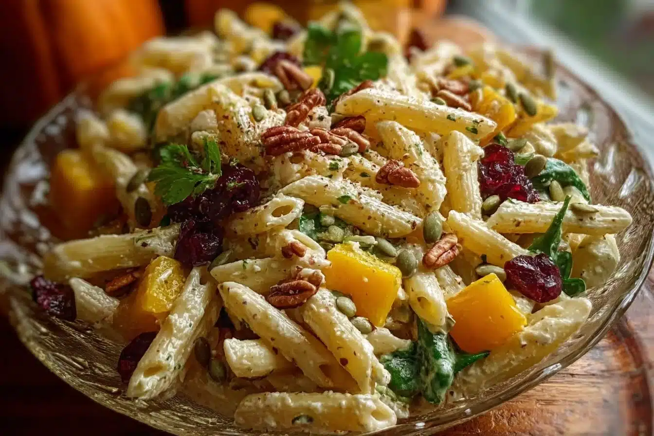 Delicious Fall Harvest Pasta Salad with seasonal veggies and colorful ingredients.