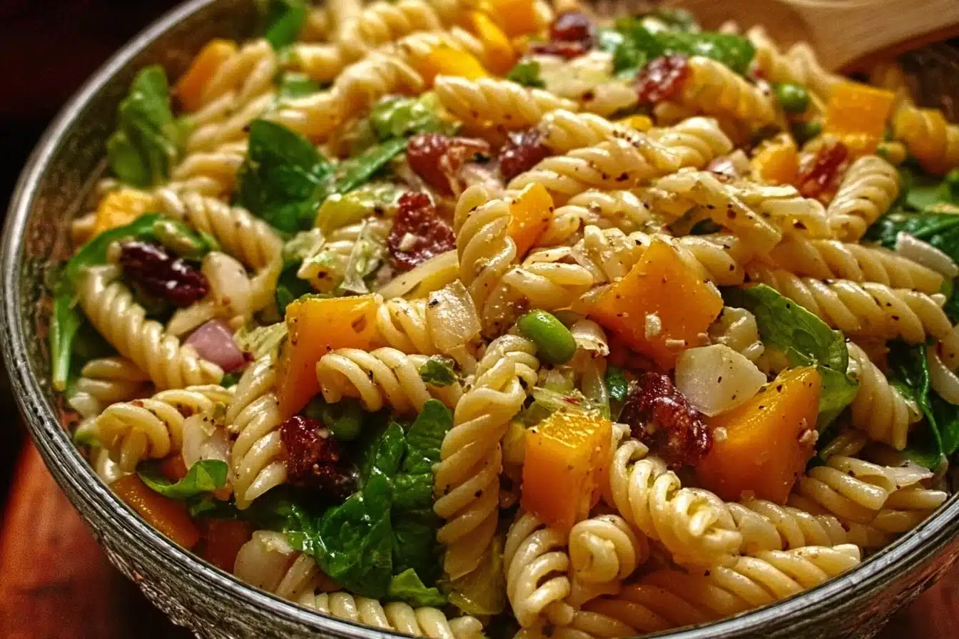 Fall Harvest Pasta Salad with seasonal vegetables and pasta in a bowl