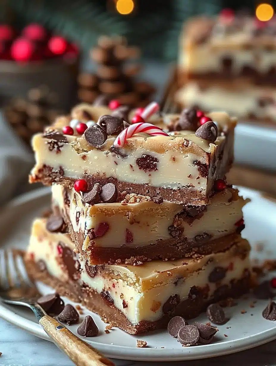Festive Christmas Dessert Bars 1 Delicious festive Christmas dessert bars on a holiday-themed table.