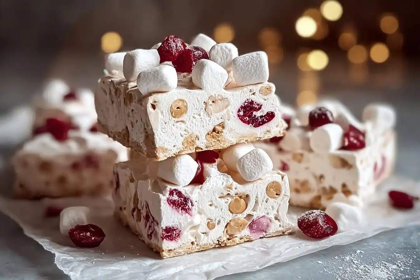 Festive marshmallow nougat bars decorated with nuts and chocolate.