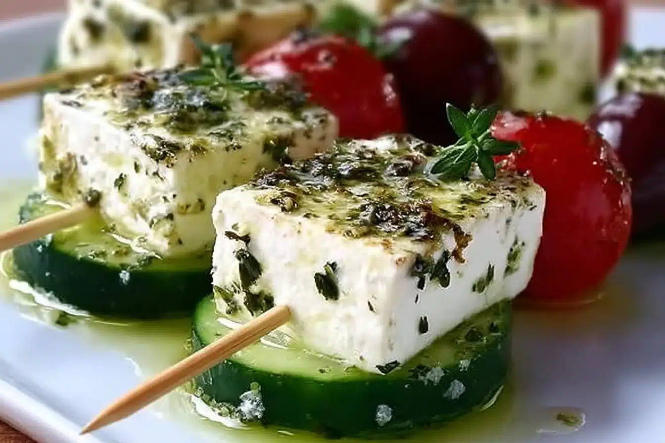 Feta & Cucumber Skewers 3 Feta and cucumber skewers on a platter, a fresh appetizer idea