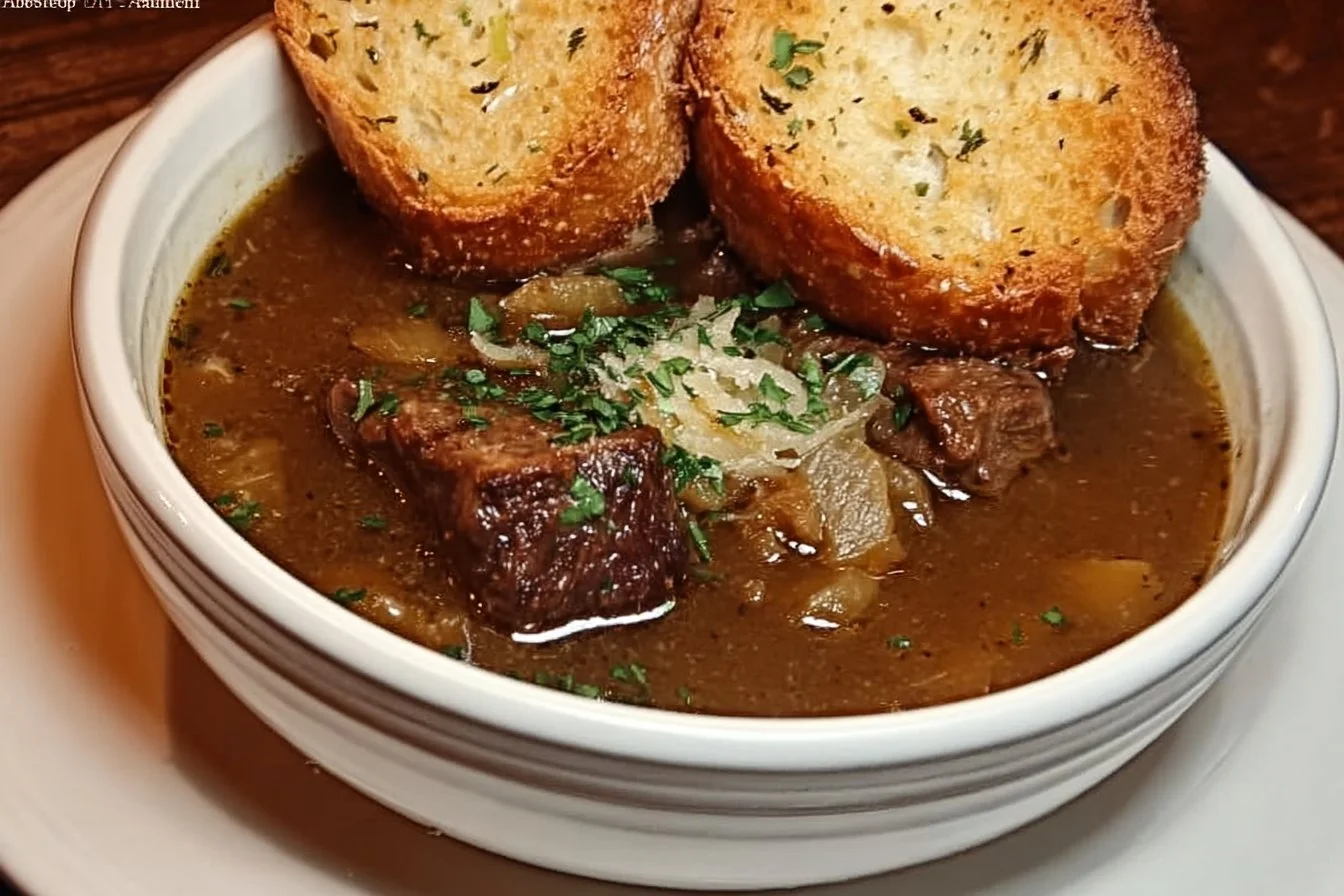 Bowl of French Onion Beef Short Rib Soup garnished with cheese and herbs.