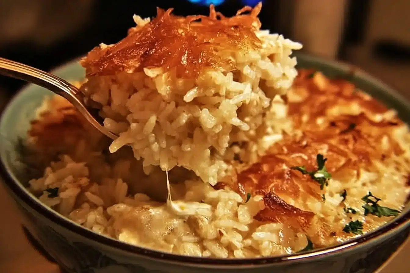 Delicious French Onion Chicken Rice Bake served in a rustic dish