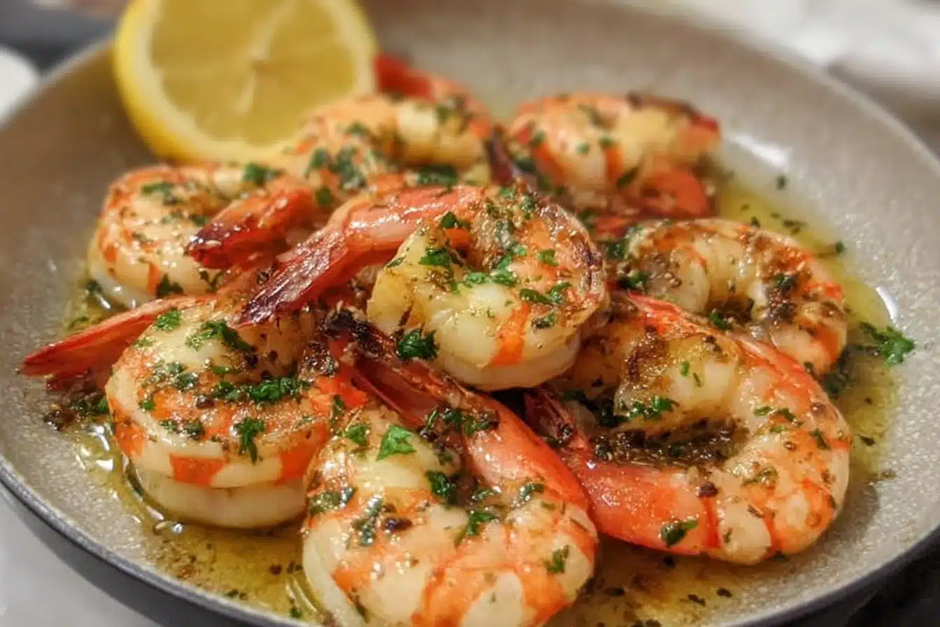 Delicious Garlic Butter Tiger Shrimp dish served with herbs and lemon.