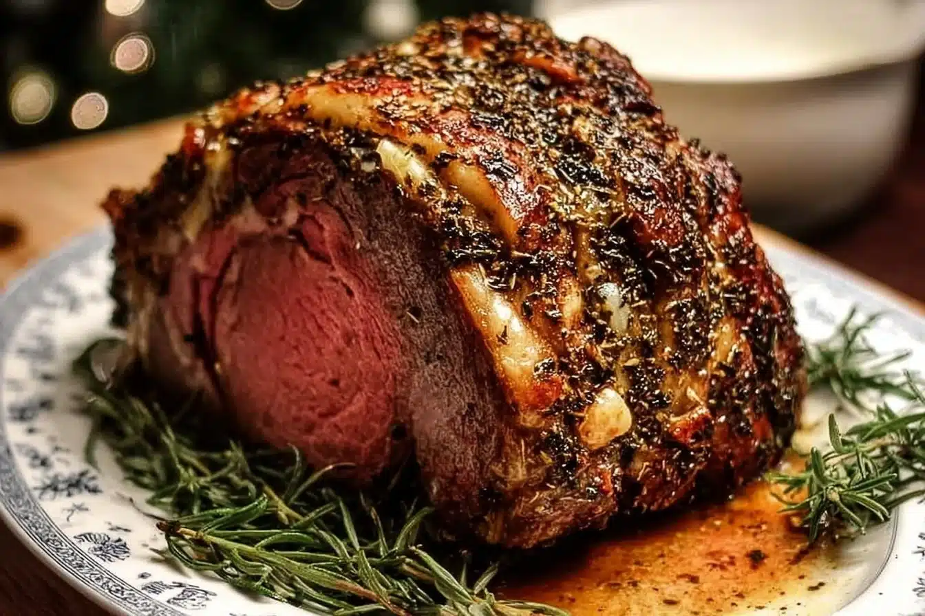 Garlic Herb Prime Rib served for New Year’s Eve dinner with garnishes.