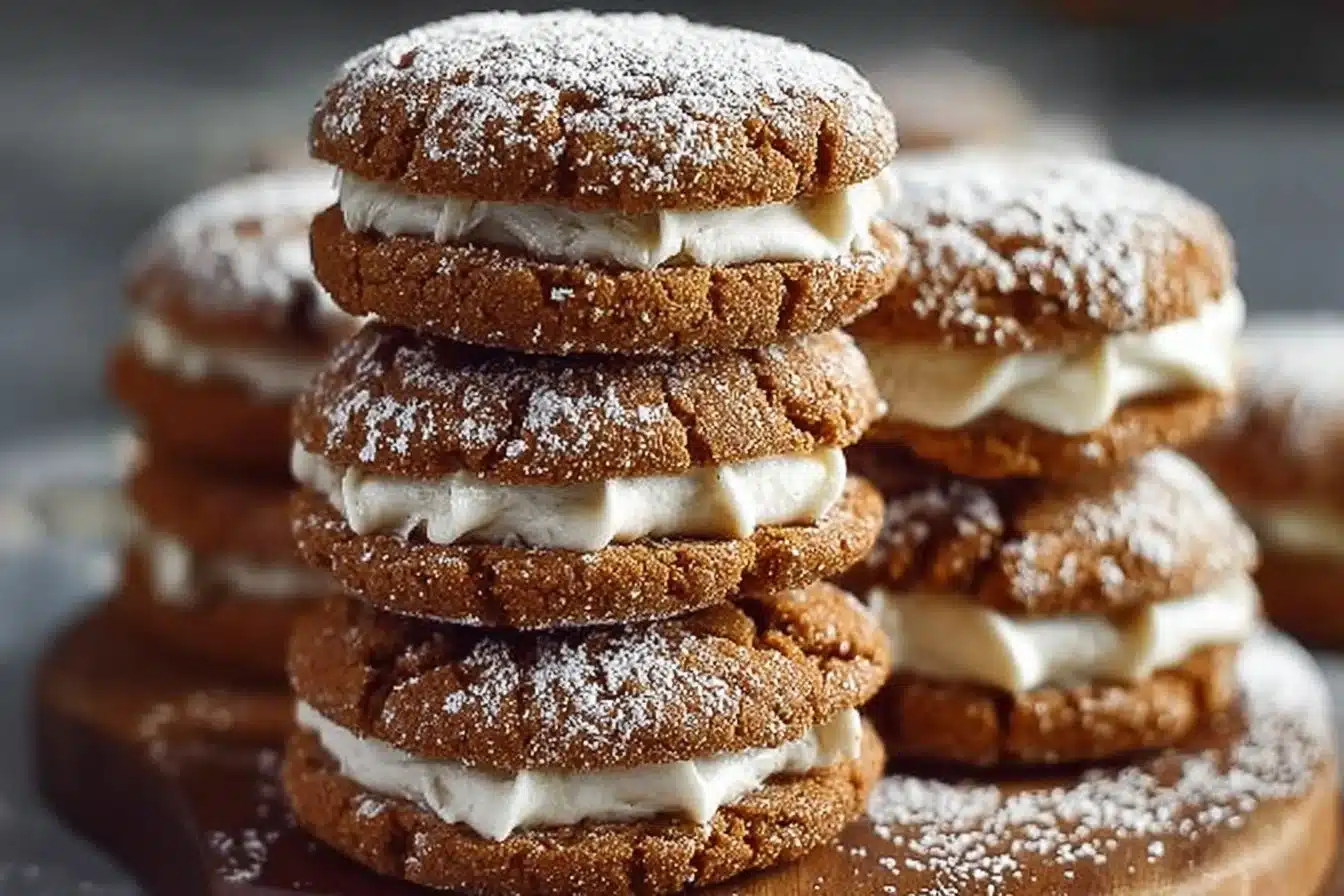 Gingerbread Crinkle Sandwich Cookies with festive decorations