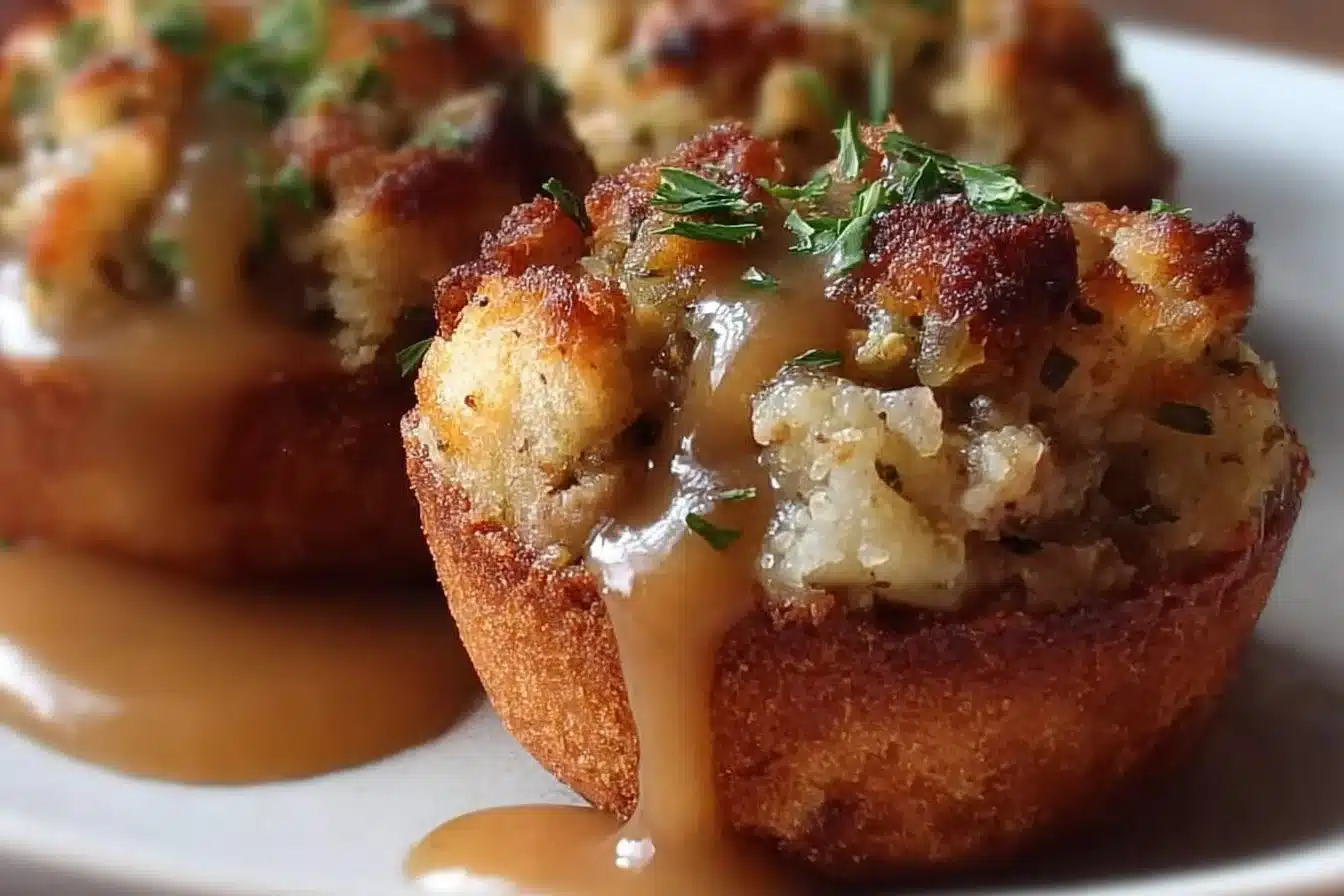 Delicious gravy-stuffed stuffing muffins baked to perfection.