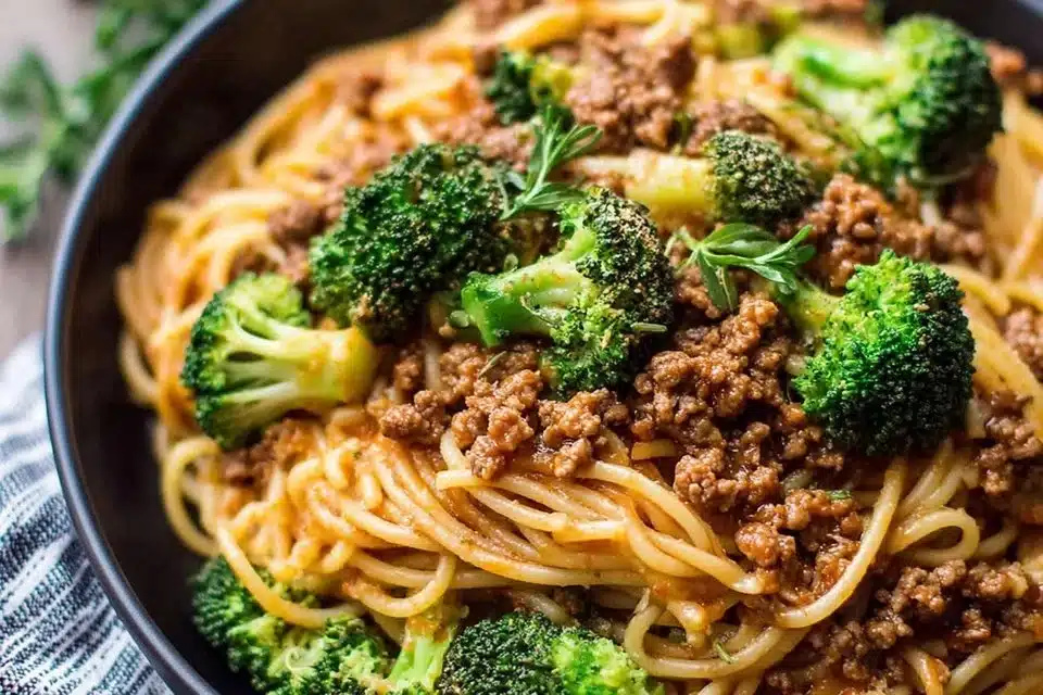 Delicious ground beef noodle casserole served in a baking dish