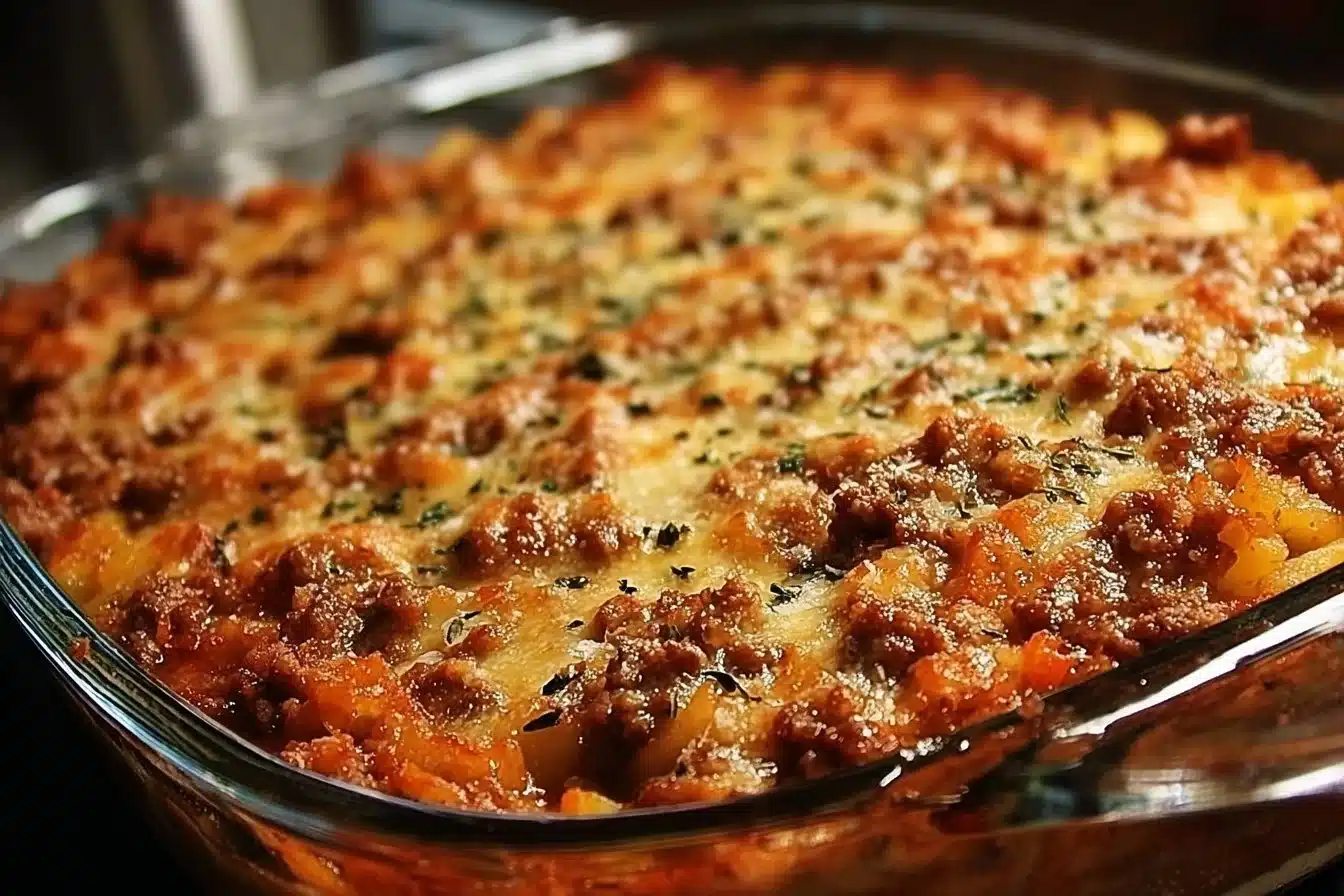 Delicious homemade ground beef casserole topped with cheese and served hot.