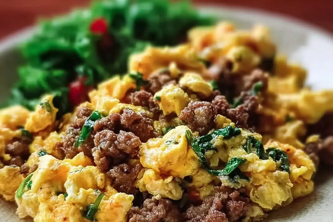Ground beef and egg scramble served in a skillet garnished with parsley.