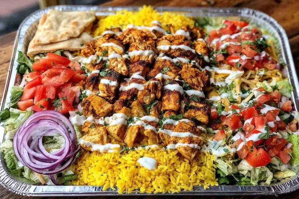 Halal Guys Chicken and Rice 3 Delicious plate of Halal Guys chicken and rice with fresh vegetables and sauces