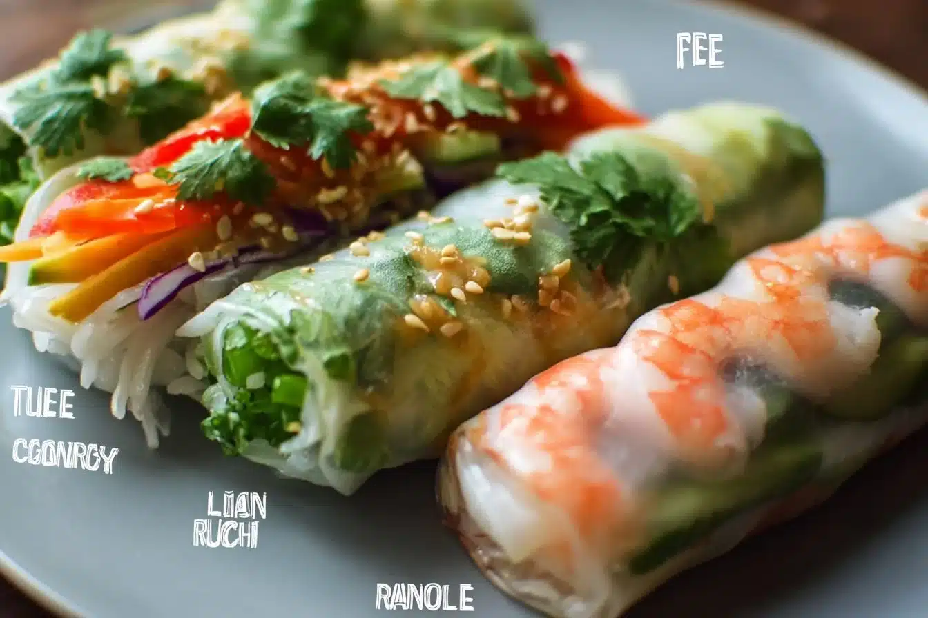 Healthy rice paper rolls filled with vegetables and herbs on a wooden plate