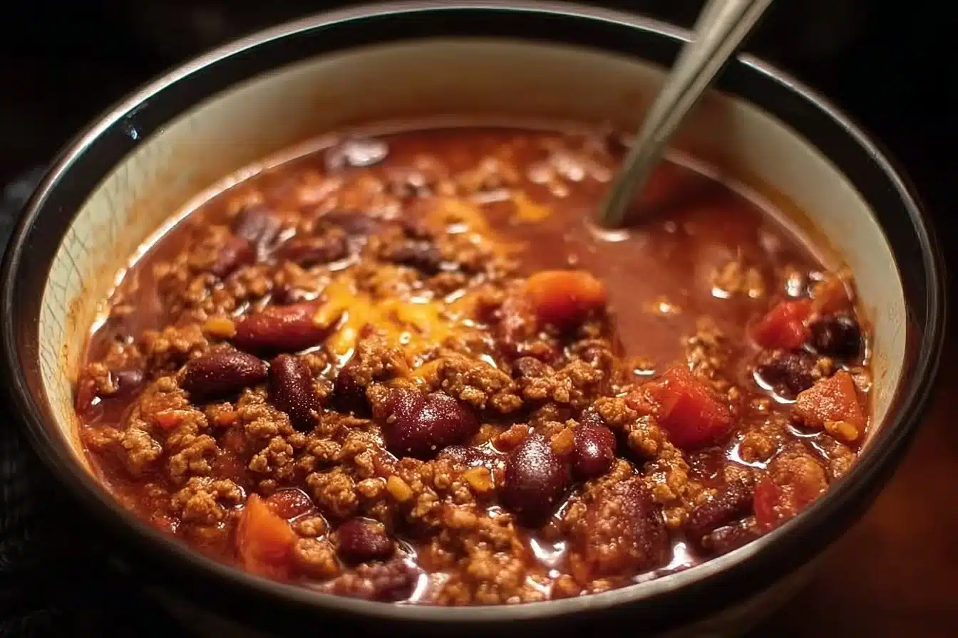 Bowl of hearty slow cooker chili served with bread, ideal for cold nights