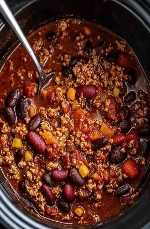Bowl of hearty slow cooker chili served with herbs and toppings