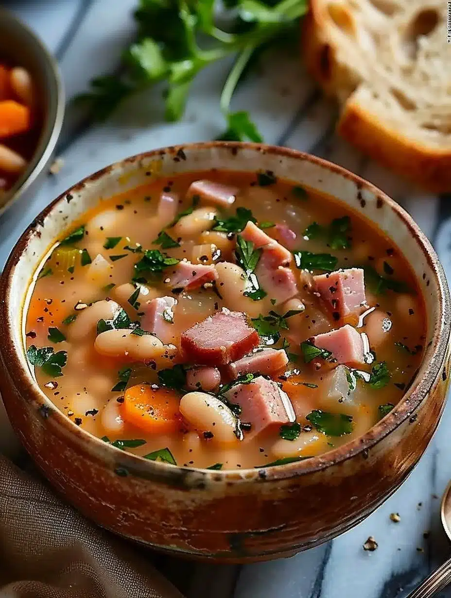 Bowl of hearty white bean and ham soup garnished with herbs